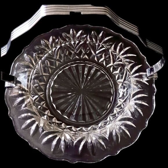 Sheffield Glass Server Plate Set Chrome Fork Holder Vintage Seafood Appetizers. - Picture 7 of 16